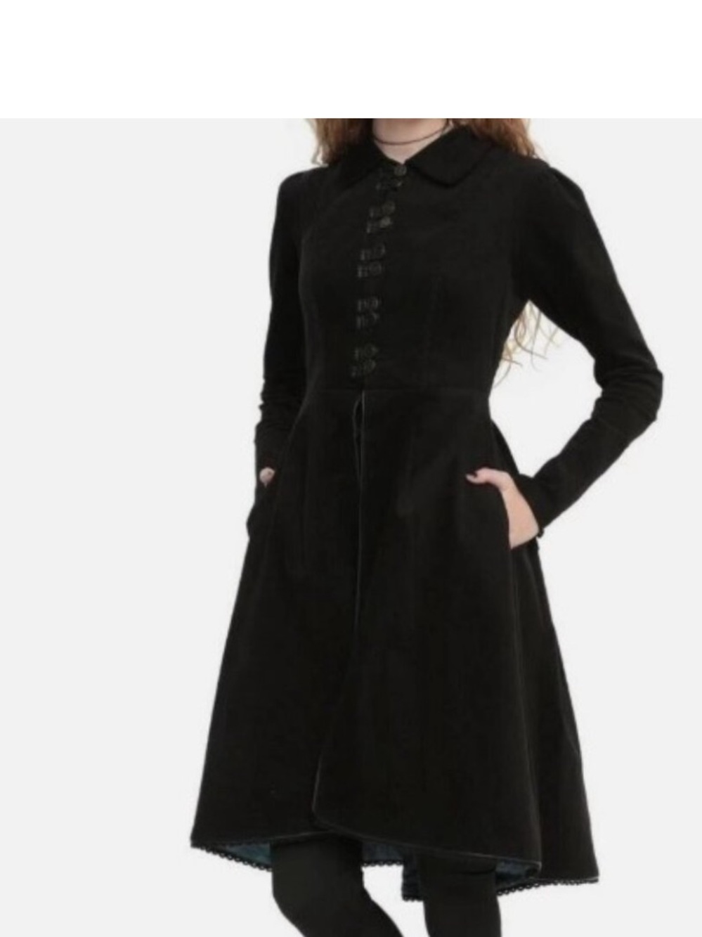 Black Long Velvet Duster Coat with Blue Satin Lining - Picture 6 of 6
